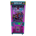 WIK Super Clip prize machine with LED-lit Super Clip sign, glass display full of plush prizes and Prize Out chute