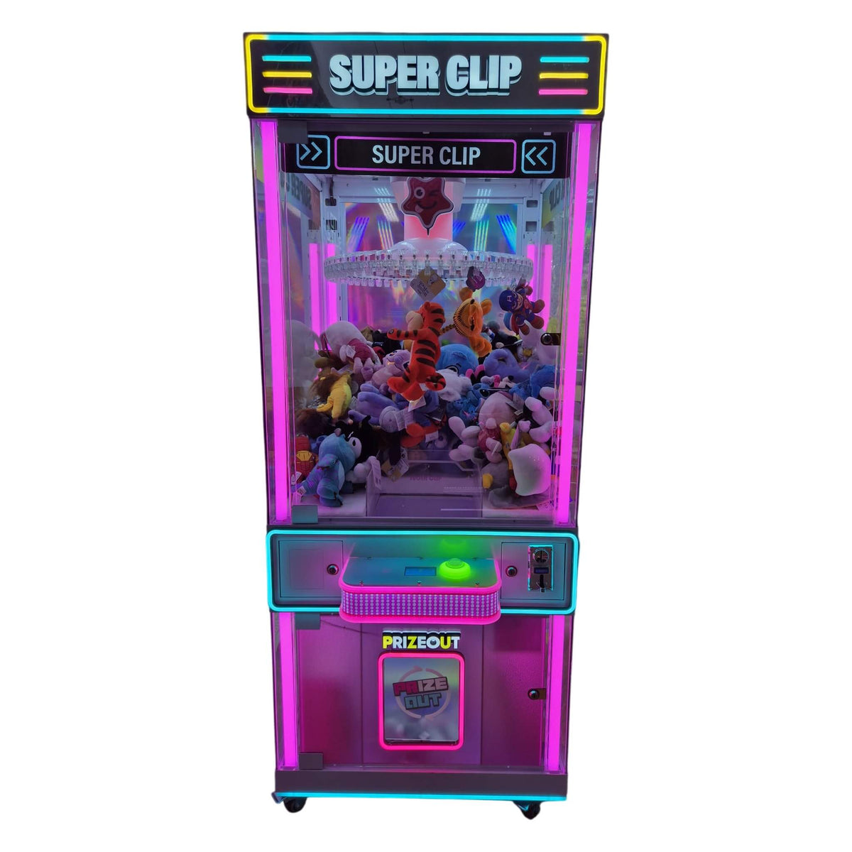 WIK Super Clip prize machine with LED-lit Super Clip sign, glass display full of plush prizes and Prize Out chute