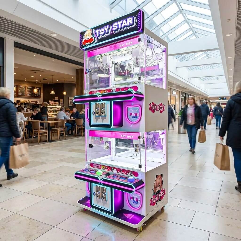 WIK Toy Star Mini 4 player claw machine in a shopping centre walkway next to a cafe