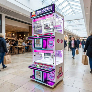 WIK Toy Star Mini 4 player claw machine in a shopping centre walkway next to a cafe