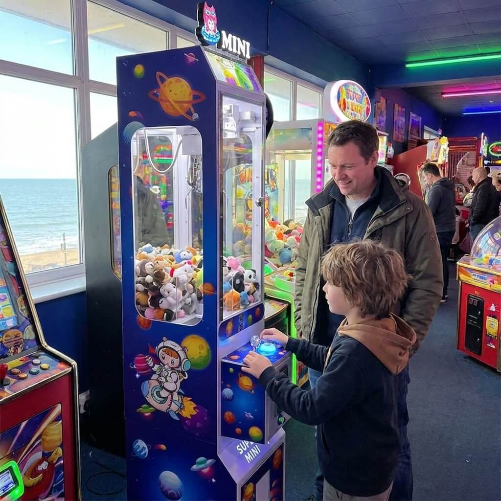 Boy playing the slim WIK Toy Star Mini claw machine while his dad watches in a seaside amusement arcade