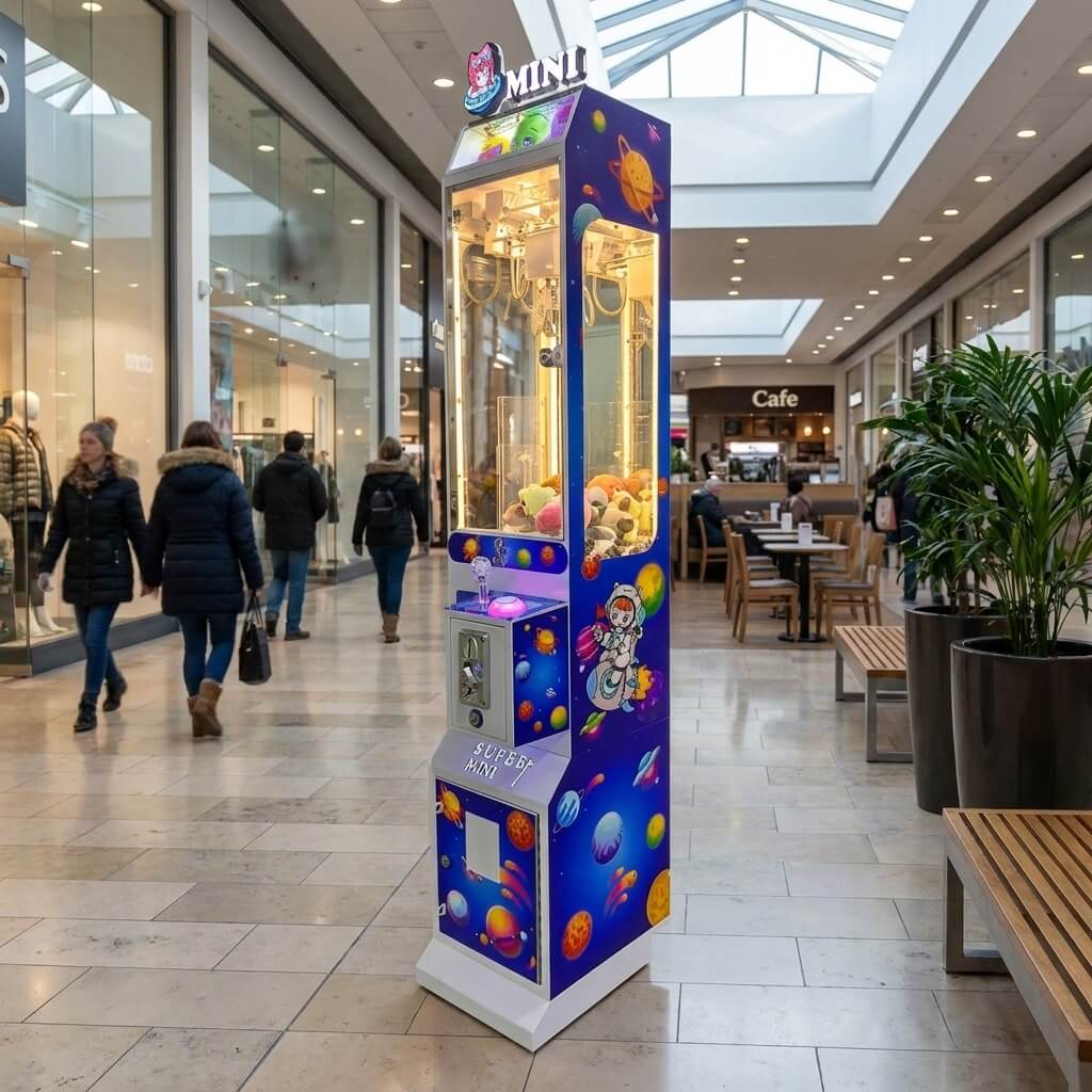 WIK Toy Star Mini claw machine in a shopping centre walkway next to a cafe