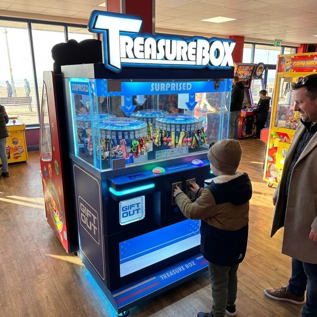 Child pressing the buttons on the WIK Treasure Box Clip prize machine while his dad watches in a seaside arcade