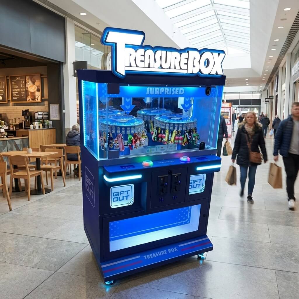 WIK Treasure Box Clip prize machine in a shopping centre walkway next to a cafe