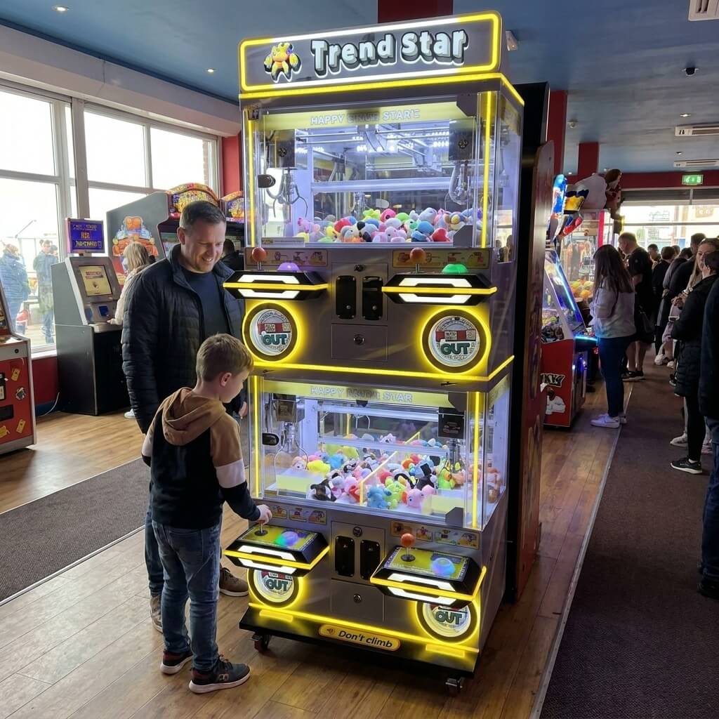Boy playing the WIK Trend Star 4 player claw machine while his dad watches in a seaside amusement arcade