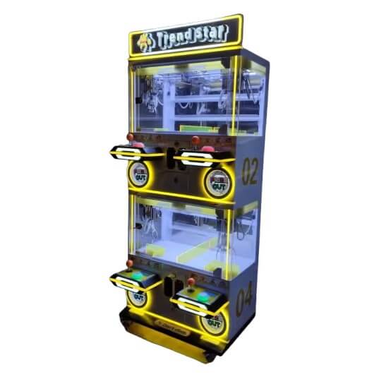 Angled view of the WIK Trend Star 4 player claw machine showing both levels and lit prize chutes