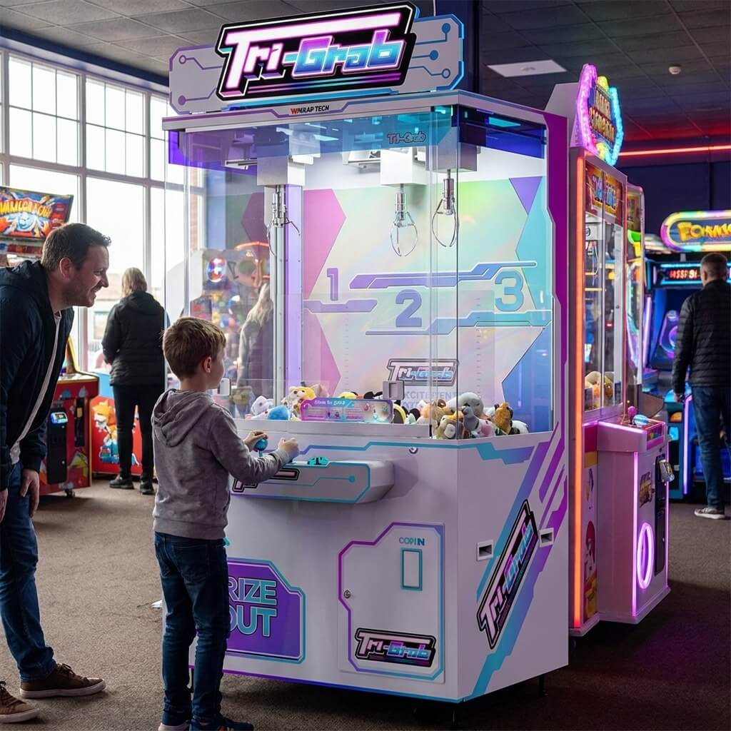 Boy playing the WIK Tri-Grab 3 claw crane machine while his dad watches in a seaside amusement arcade
