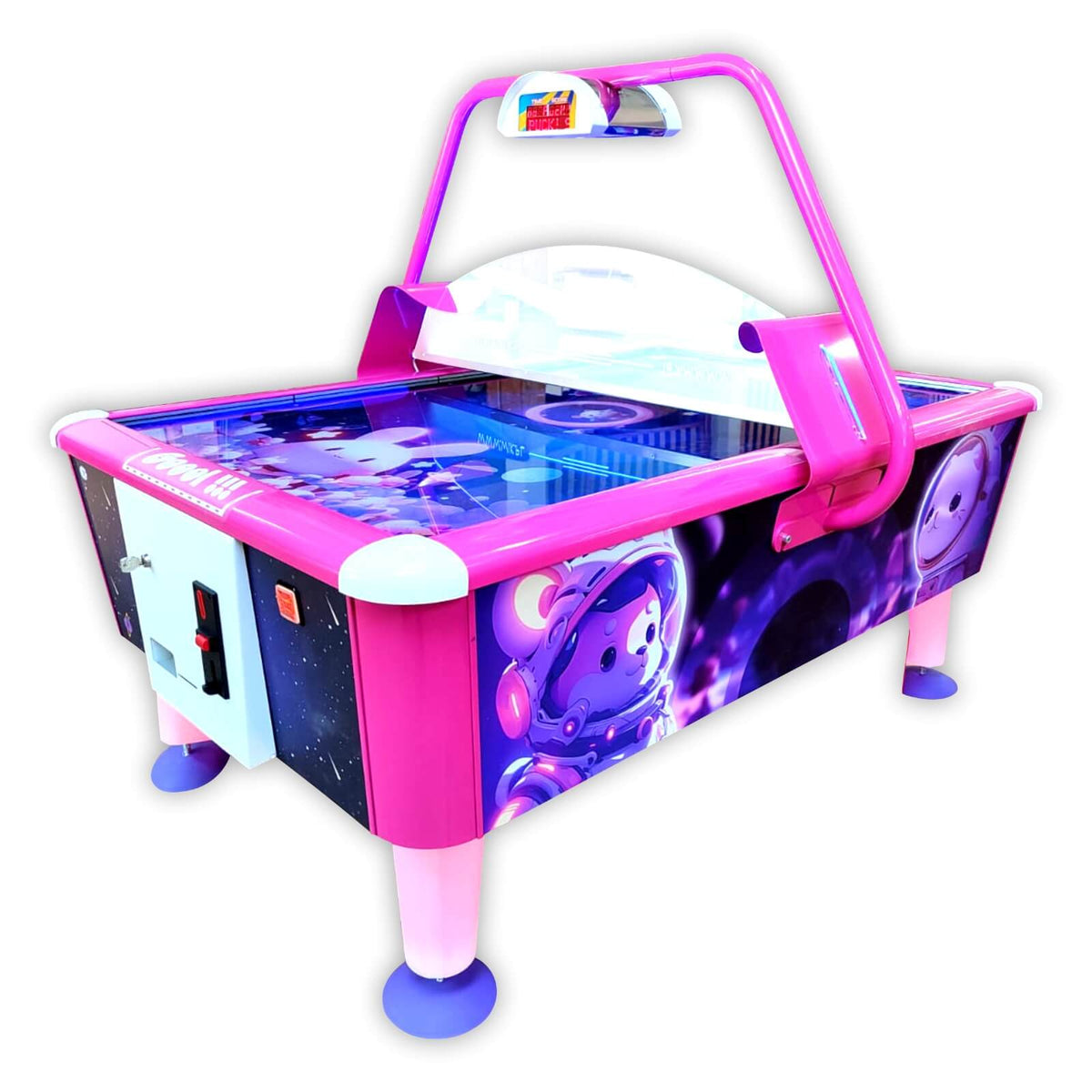 WIK Twinkle Star kids air hockey table with a pink frame, overhead score display and space-themed astronaut artwork on the sides and playfield