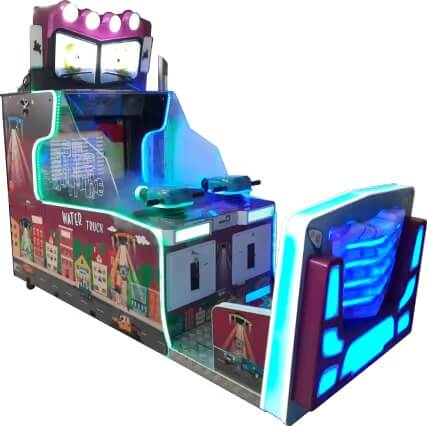 WIK Water Truck water shooting arcade machine seen from the side, showing the player stations