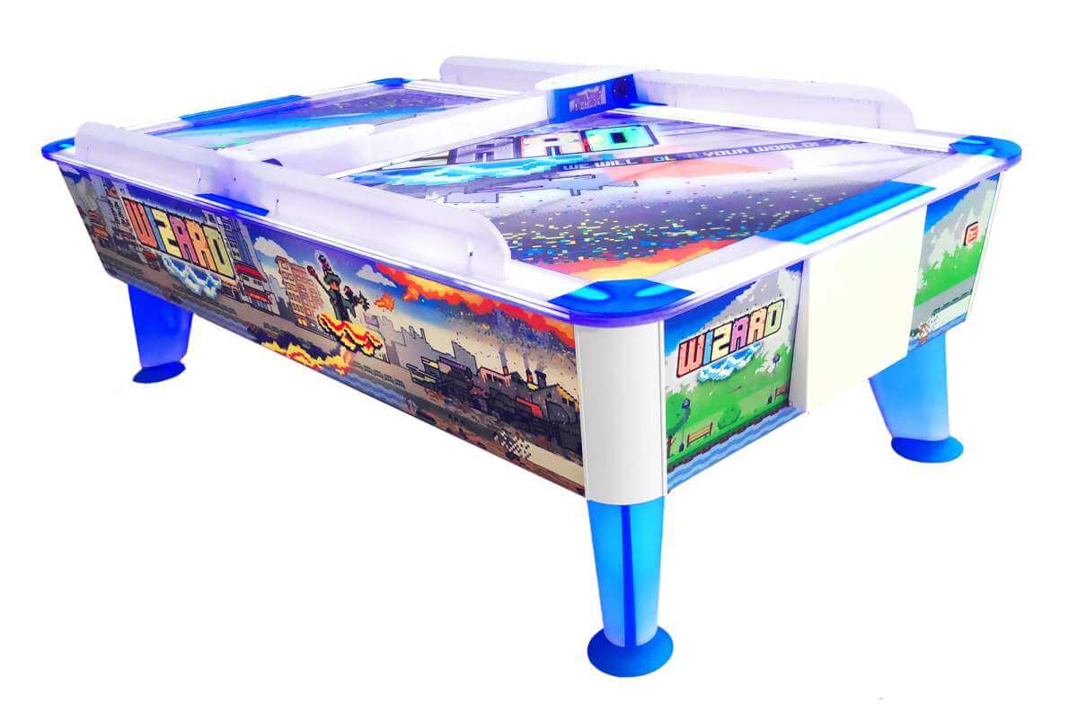 Wik Wizard Outdoor Waterproof Air Hockey Table in 6ft and 8ft sizes, a waterproof commercial air hockey table with stainless steel playing surface.