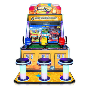Wild-Thing Wipe-Out DX arcade machine from the front showing the screen, three water guns and LED stools