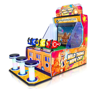 Wild-Thing Wipe-Out DX arcade machine from the side showing the water guns and stools