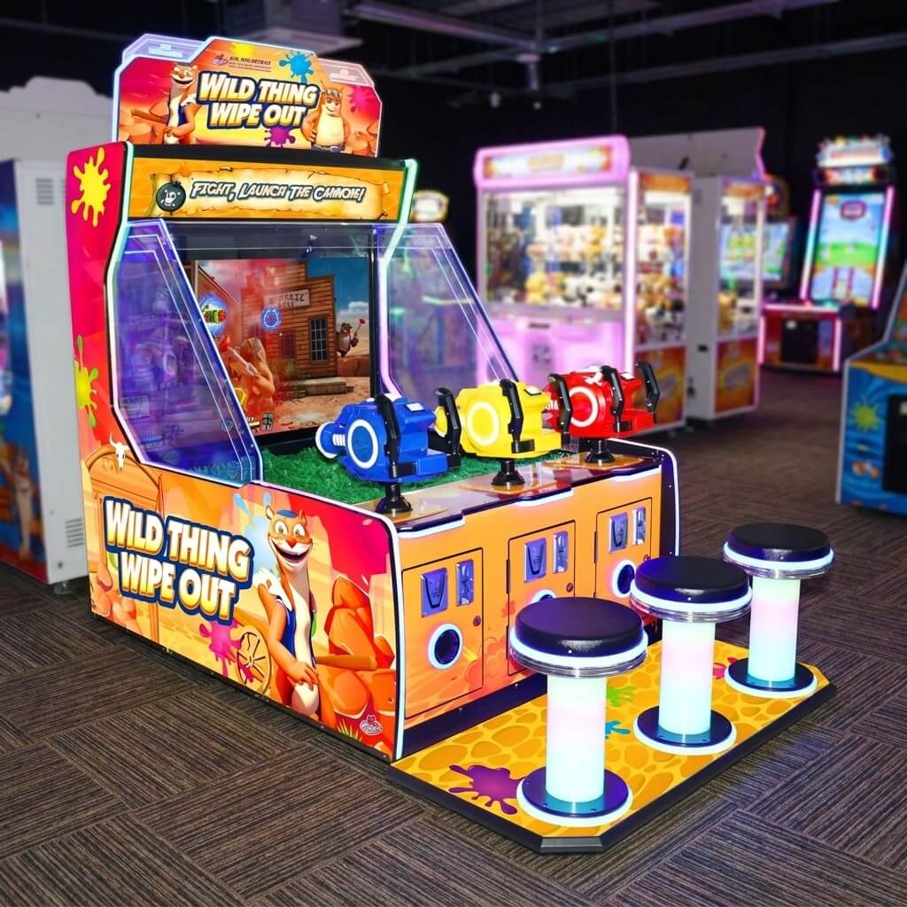 Wild-Thing Wipe-Out DX arcade machine glowing in a family entertainment centre