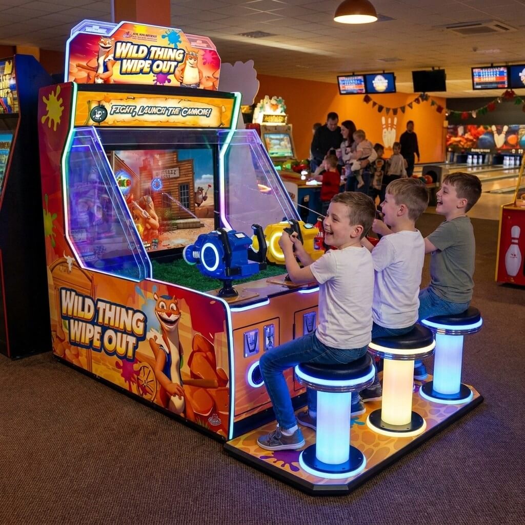 Three children playing Wild-Thing Wipe-Out DX at a bowling alley in the evening