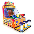 Wild-Thing Wipe-Out DX 3 player shooting arcade machine from an angle with orange cabinet, water guns and LED stools