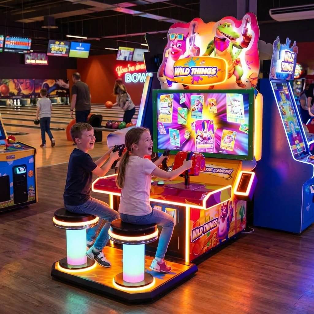 Two children playing Wild Things at a bowling alley in the evening