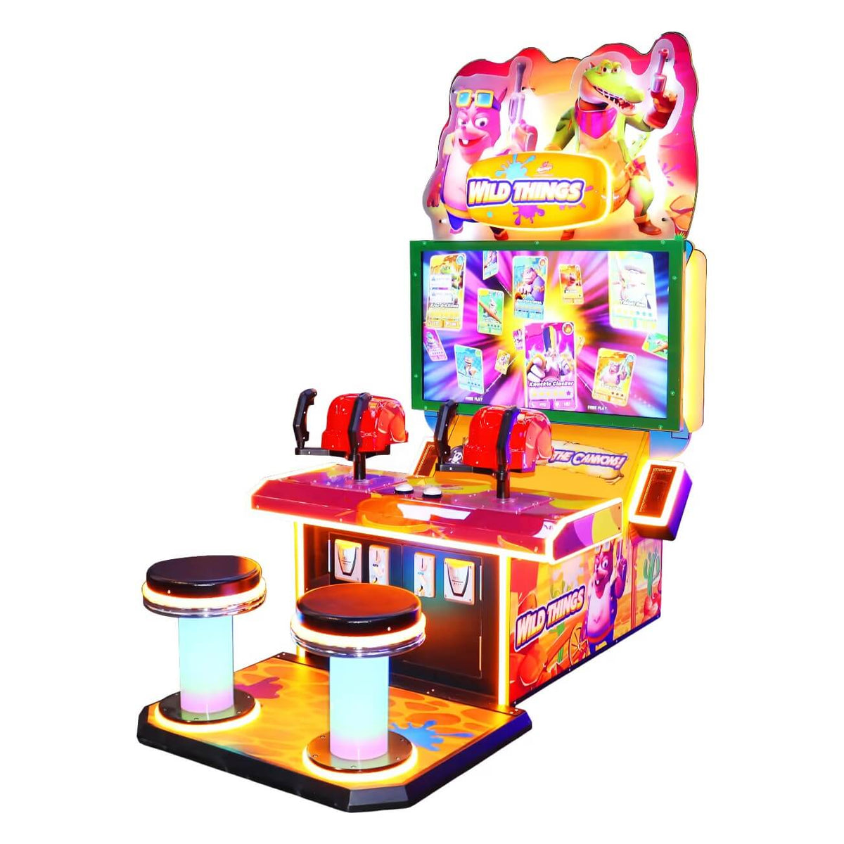 Wild Things 2 player laser shooting arcade machine with pink and orange cabinet, two cannons and LED stools