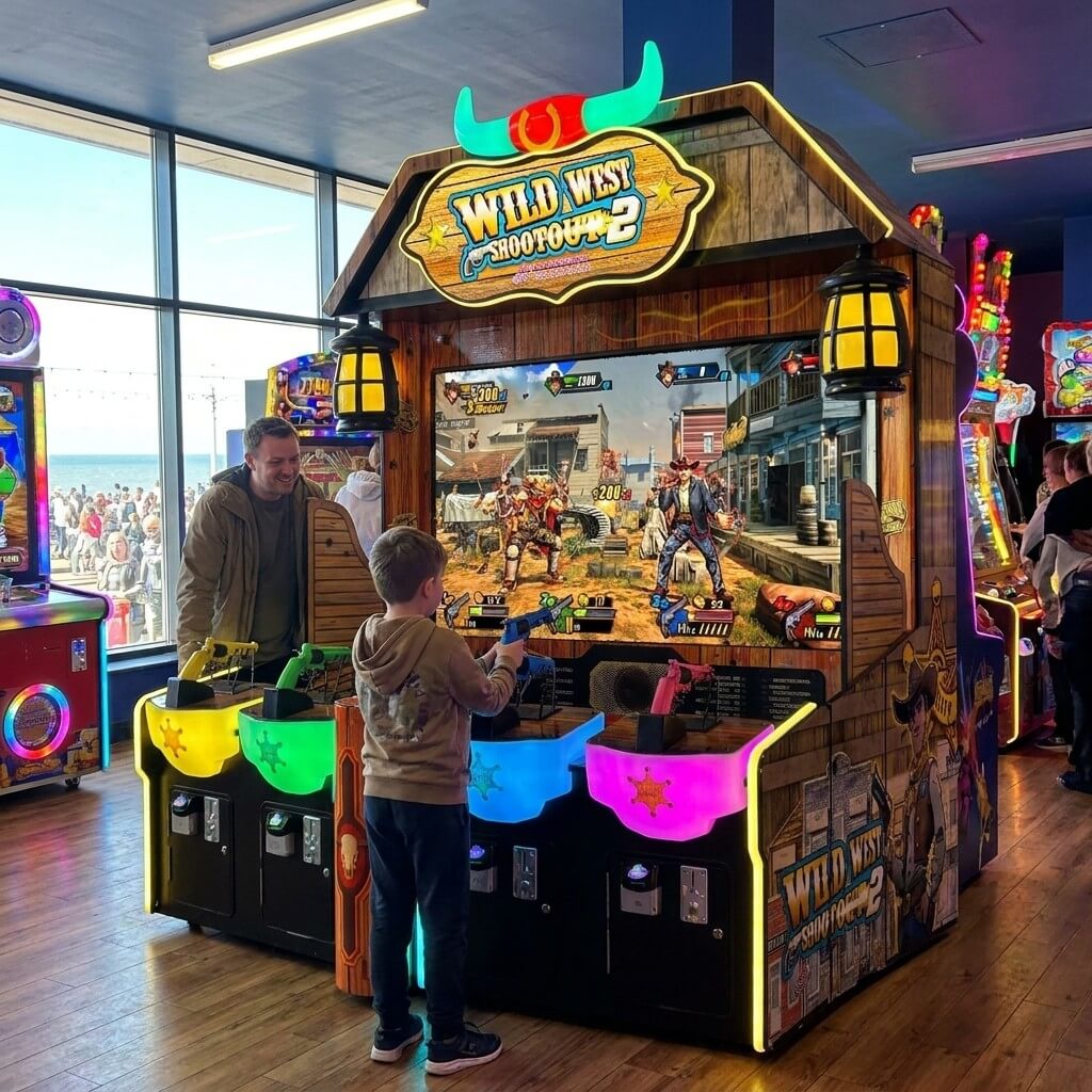 Wild West Shootout 2 shooting arcade machine in a UK seaside arcade with a child playing