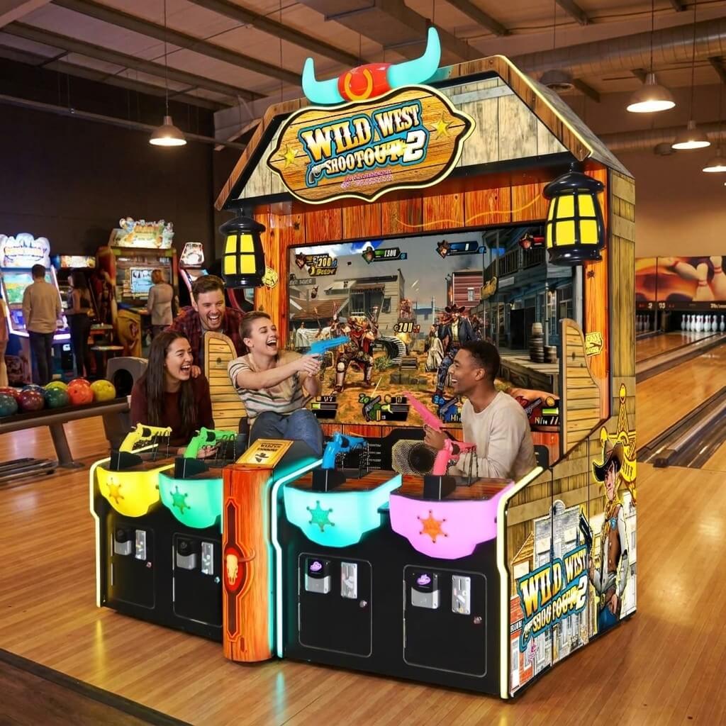 Four friends playing Wild West Shootout 2 at a bowling alley in the evening