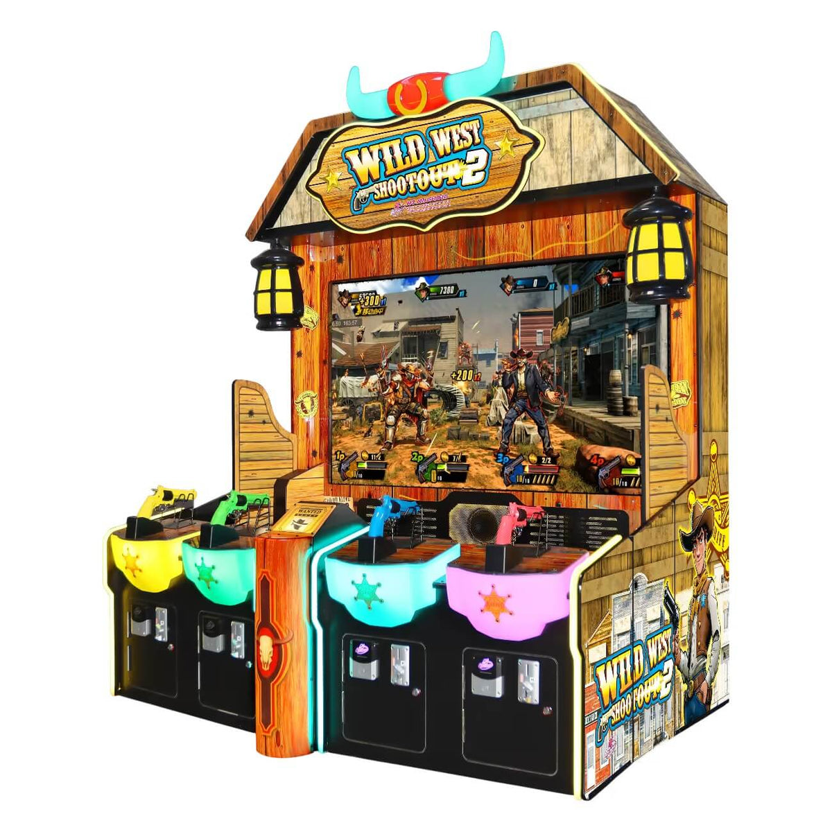 Wild West Shootout 2 shooting arcade machine, 4 player version with saloon-style cabinet and four pistols